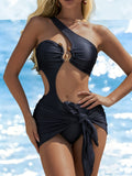 Hollow solid color irregular one-piece swimsuit