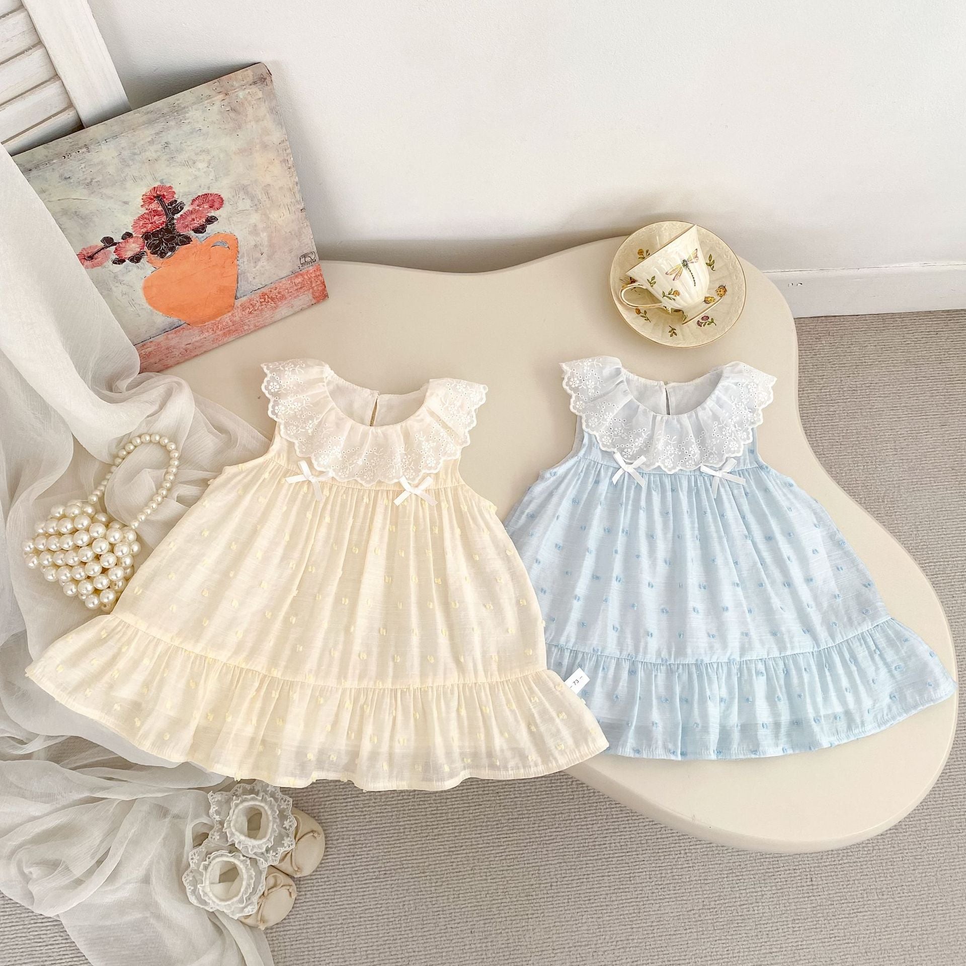 Girls' Summer Fresh Floral Print Sleeveless Dress with Lace Collar, Princess Style Ruffled Bodysuit Dress