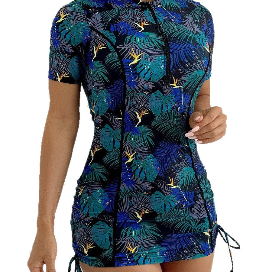 Tight Fit Swimwear with Zipper and Printed Short Sleeve Bikini One-Piece Swimsuit with Brief Bottoms