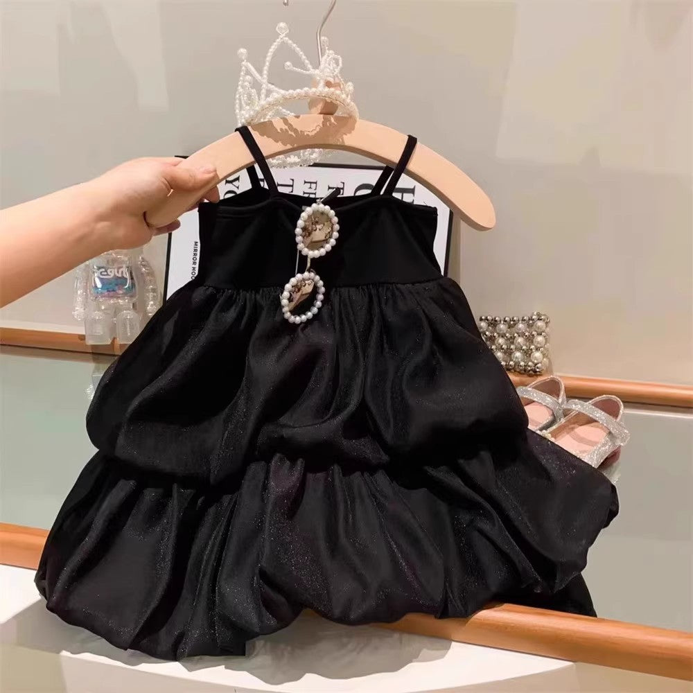 Elegant Pure Color Retro Highbrow Style Sleeveless High-Waisted Bloomed Tiered Dress for Girls