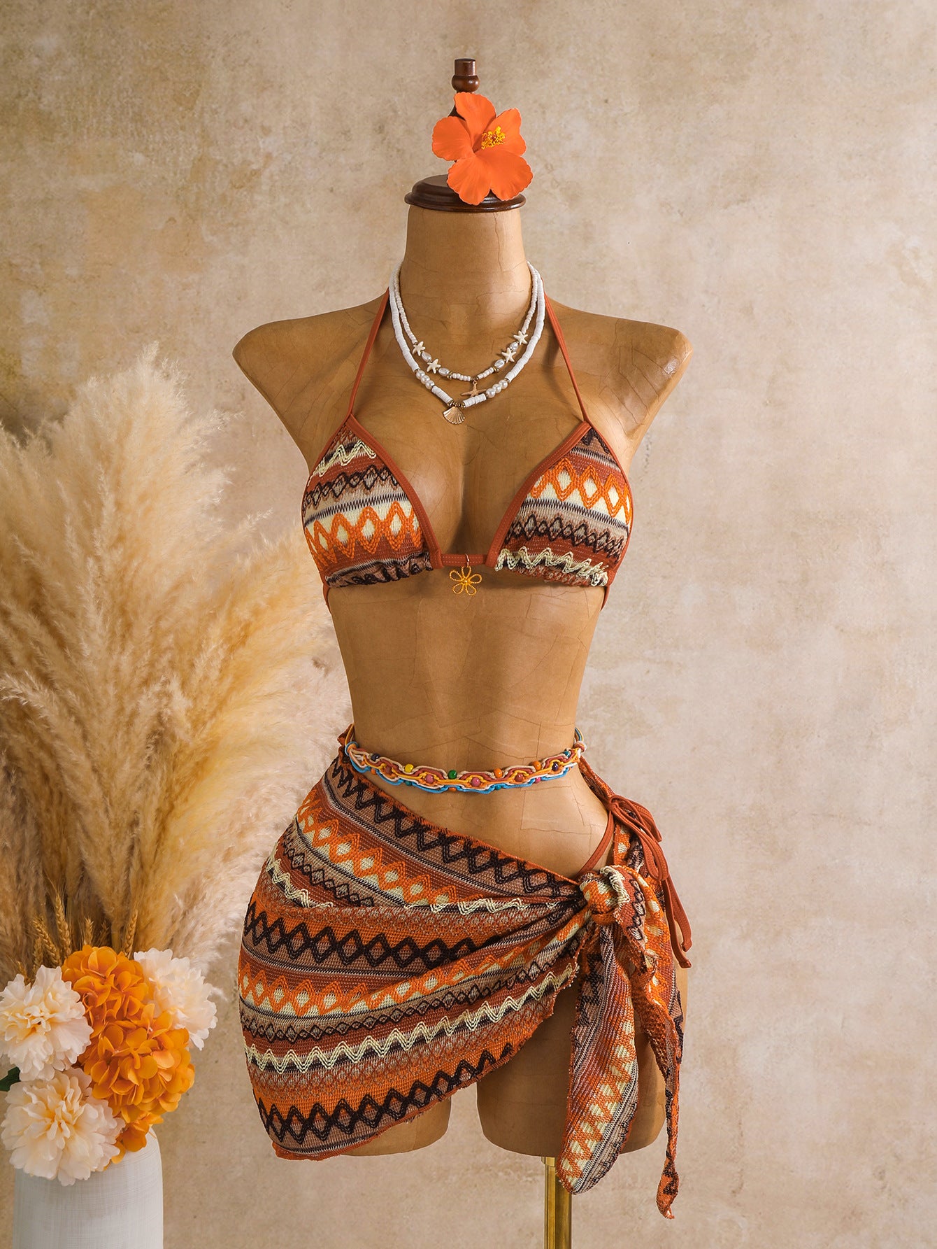 Knitted three piece swimsuit women's neck hanging bikini beach vacation sexy swimsuit
