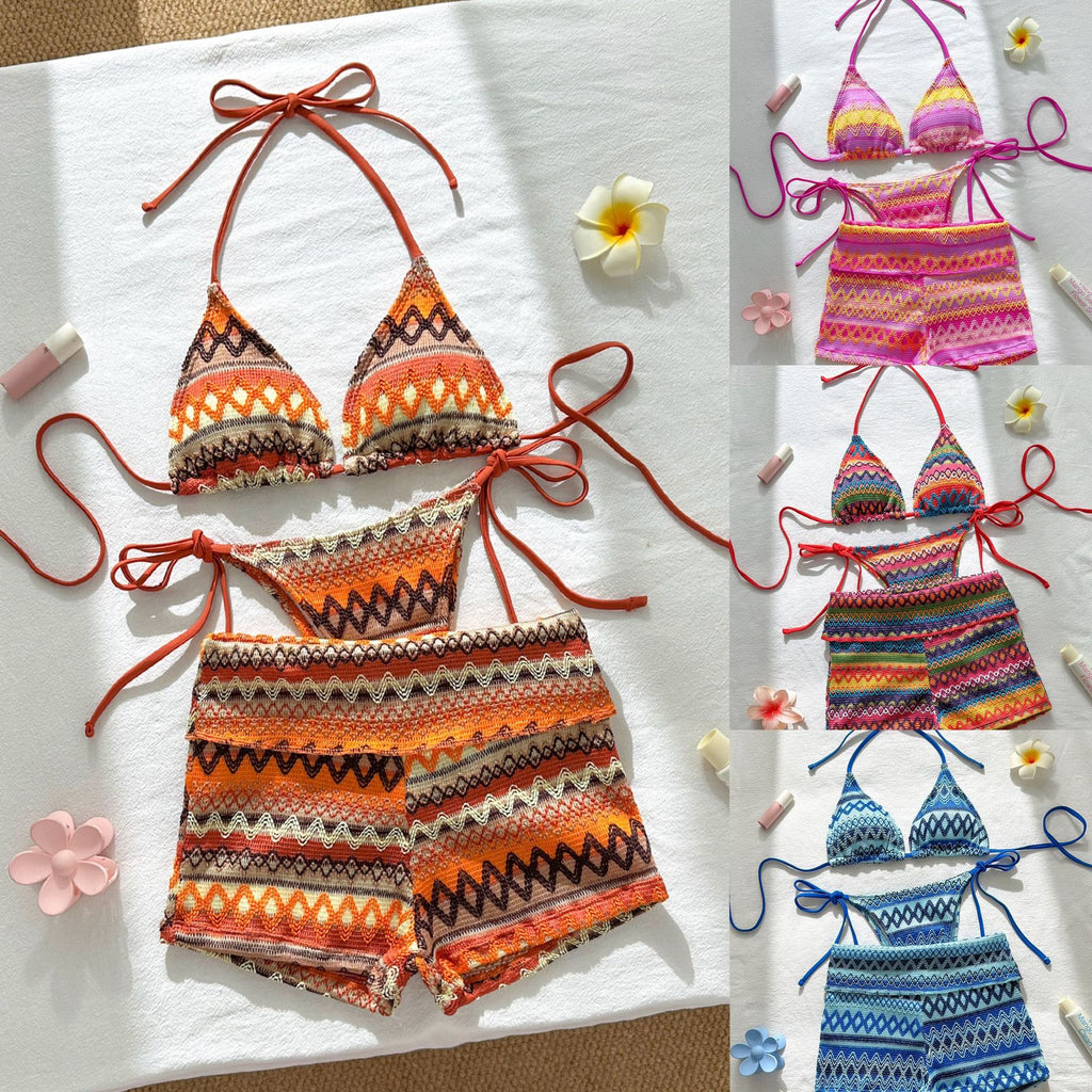 Knitted three piece swimsuit women's neck hanging colorful bikini swimsuit
