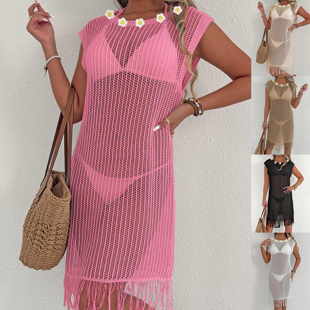 Beach Dress Vacation Bikini Cover-Up Sexy Hollow-Out Sheer Fringe Patchwork Dress