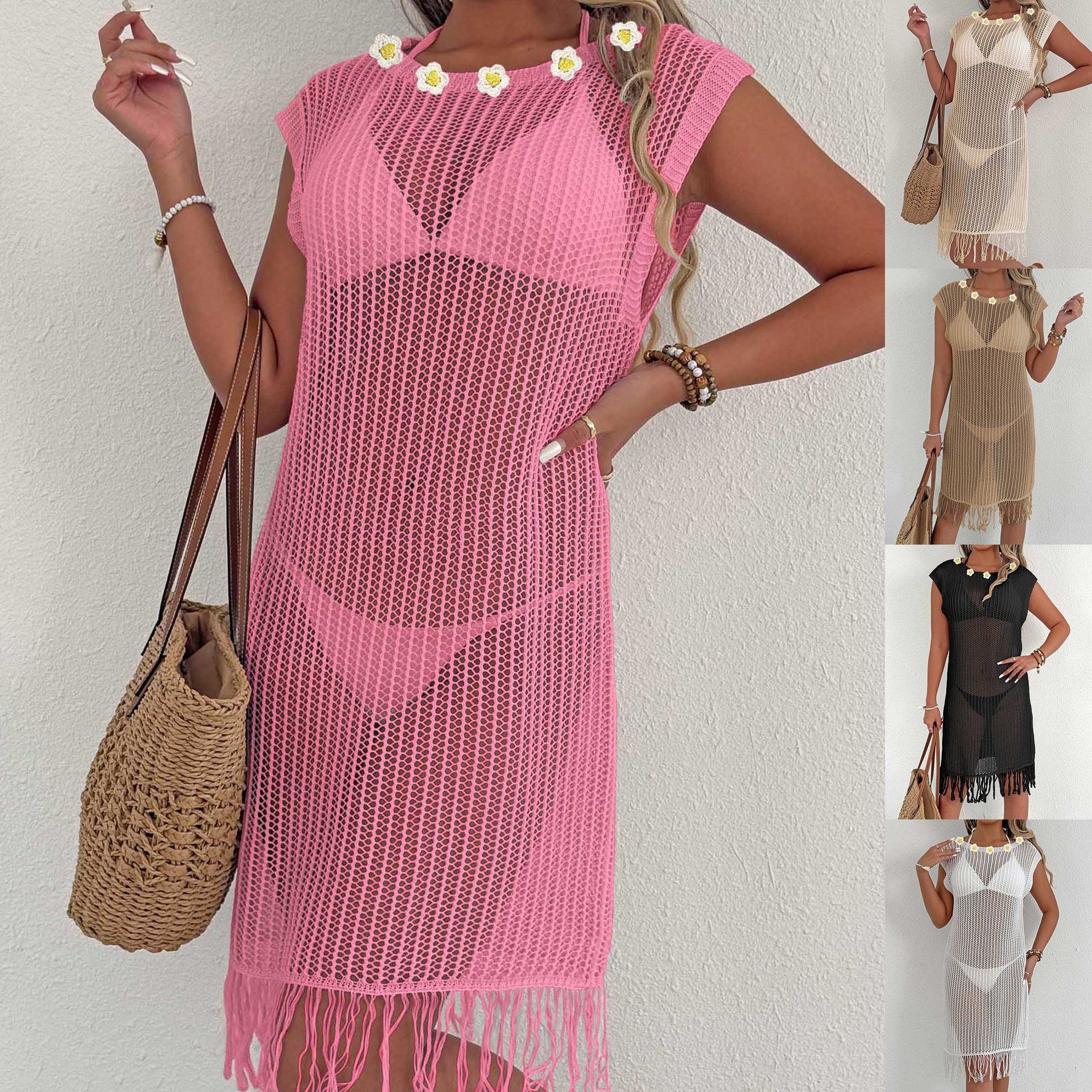 Beach Dress Vacation Bikini Cover-Up Sexy Hollow-Out Sheer Fringe Patchwork Dress