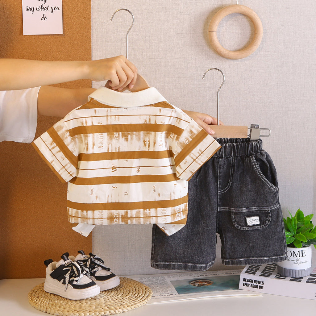 Short sleeved striped collar top shorts set