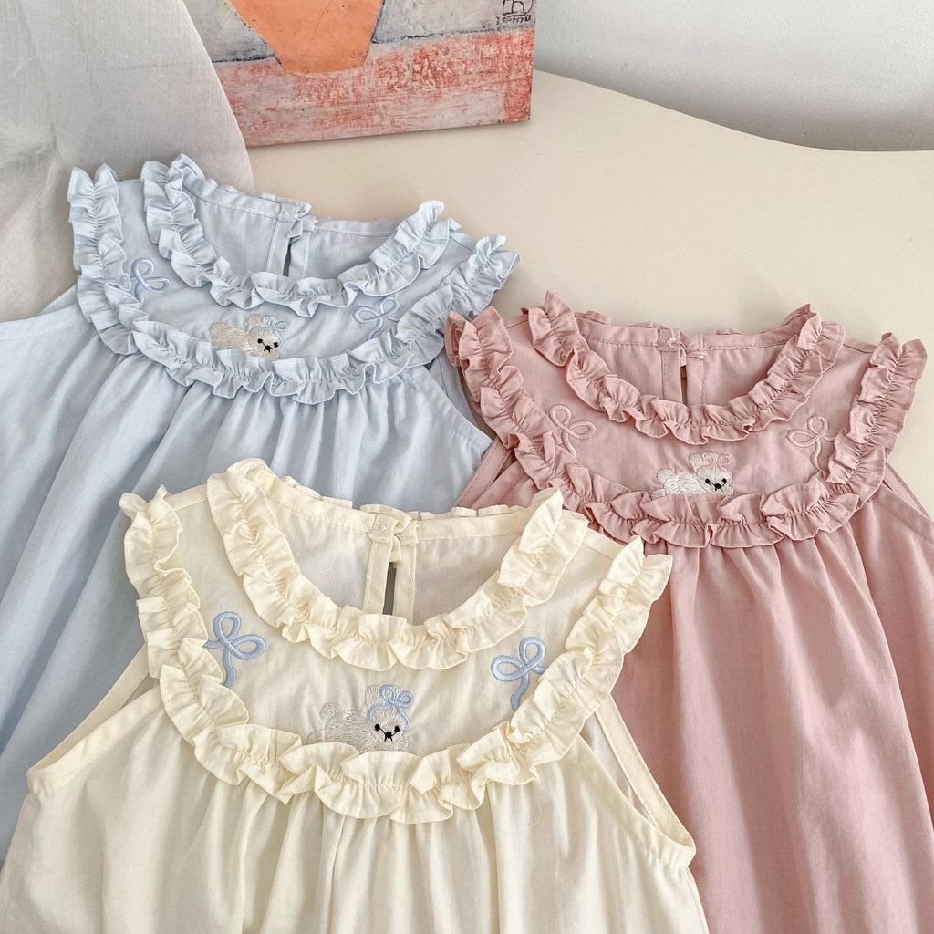Sleeveless Newborn Romper Lightweight Baby Lace Onesie Girl Bunny Embroidery Crawling Suit