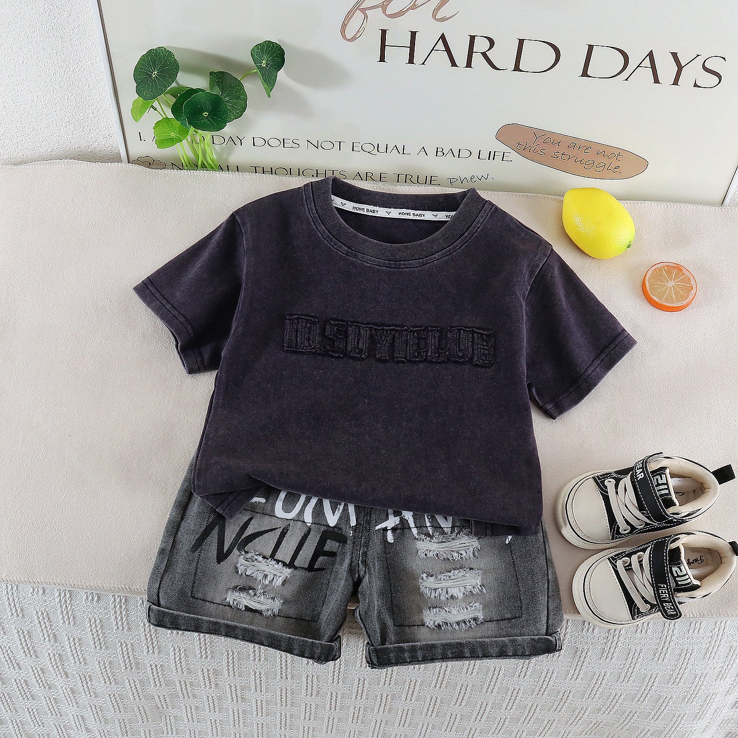 Embroidered letter top and shorts set on chest