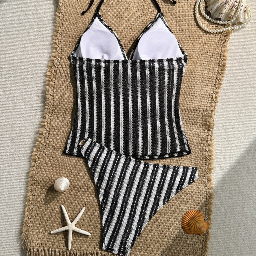 Black and white striped shell decoration hanging neck bikini swimsuit for women