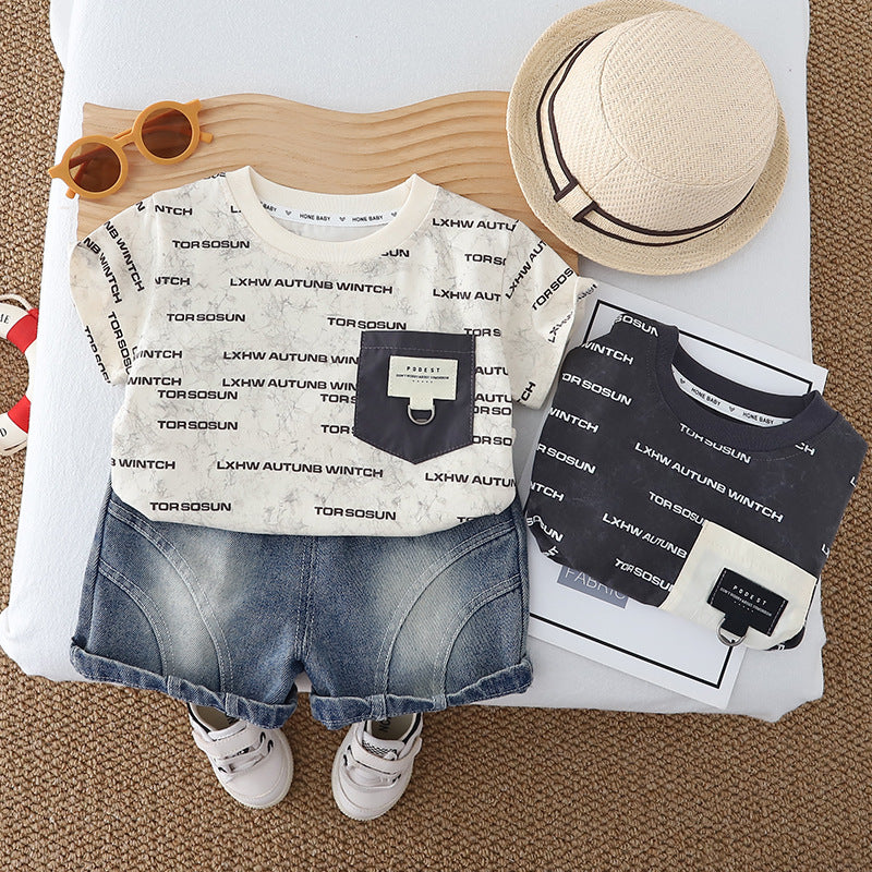 Color blocking pocket round neck top shorts set
