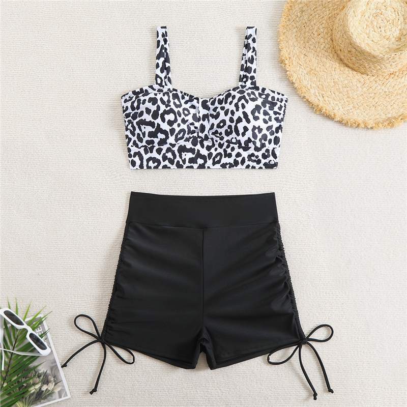 Leopard stripe drawstring high waist flat angle bikini