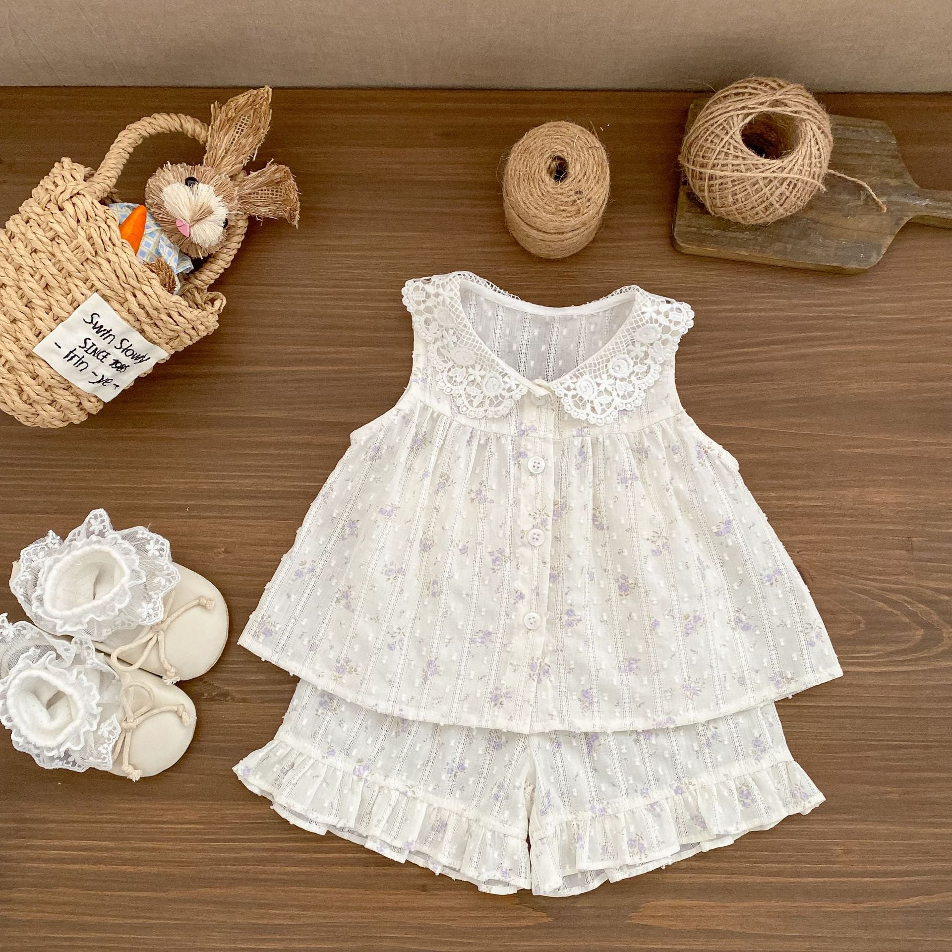 Floral Print Set for Girls Summer Lace Collar Baby Doll Shirt Ruffle Shorts Two-Piece Outfit