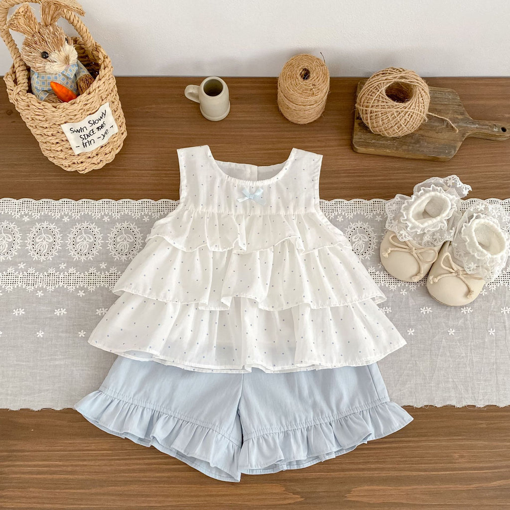 Girl's Summer Outfit Set Polka Dot Sleeveless Baby Doll Top + Bloomer Shorts Two-Piece Set