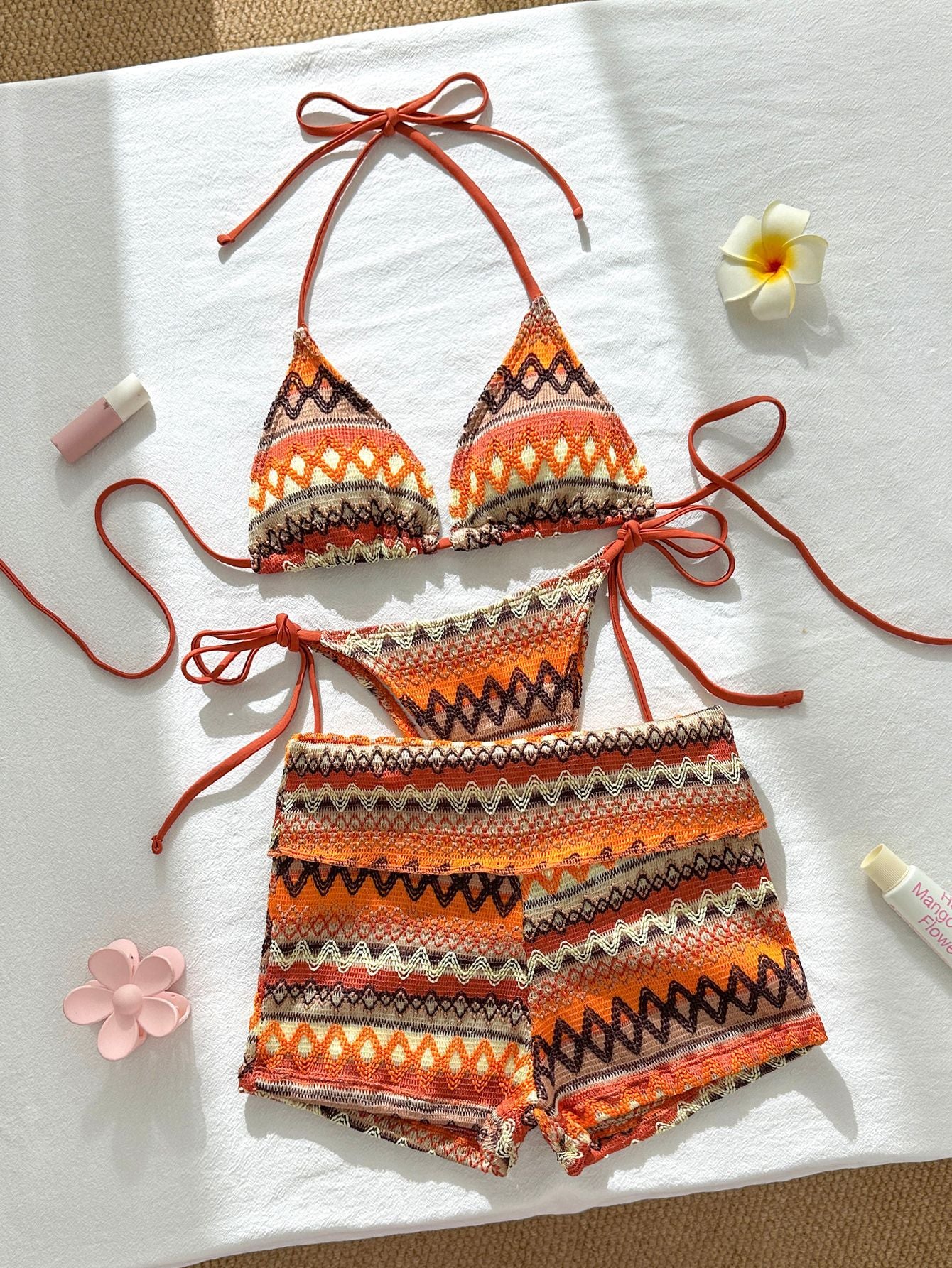 Knitted three piece swimsuit women's neck hanging colorful bikini swimsuit