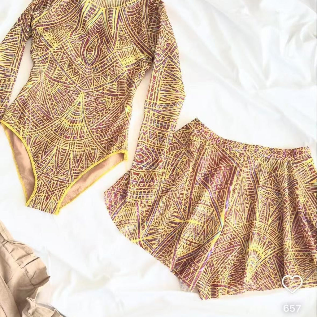 Long Sleeve Mesh One-Piece Swimsuit,  Russian Swimwear with Short Skirt Design