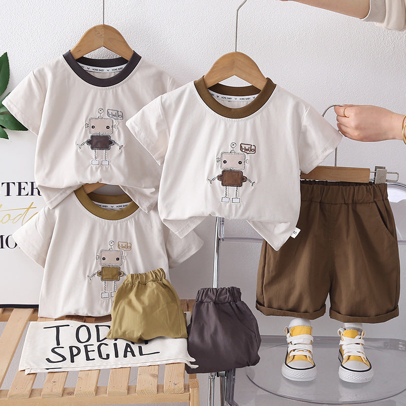Cartoon robot short sleeved top and shorts set