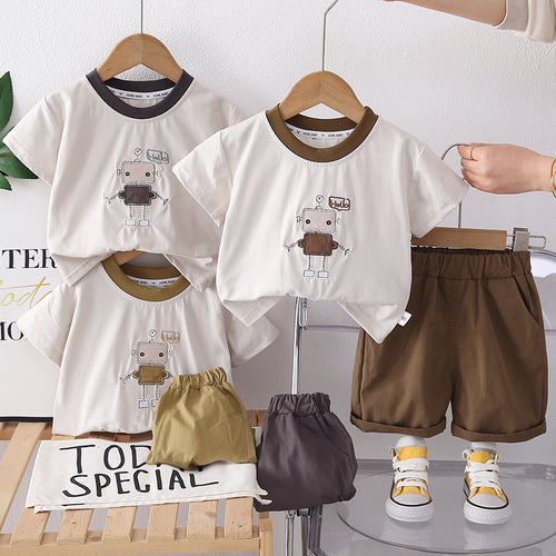Cartoon robot short sleeved top and shorts set