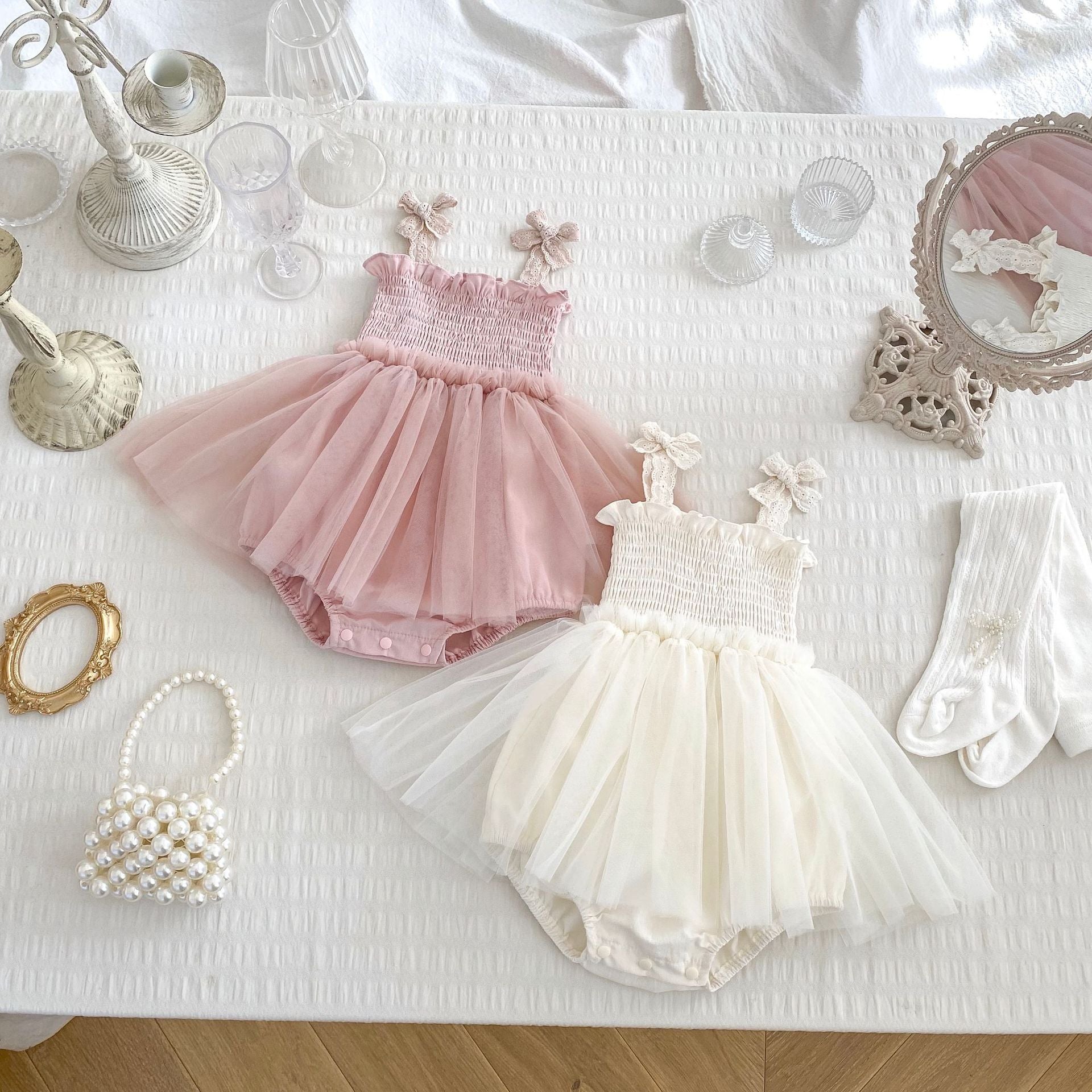 Cute Baby Girl Summer New Butterfly Bow Strap Bodysuit Infant 100-Day Celebration First Birthday Princess Tulle Dress Romper