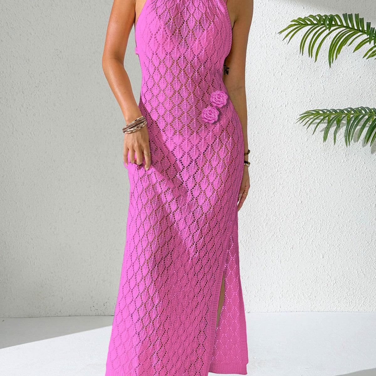 Hollow Out Cover-Up Sexy Backless Dress Hand-Crocheted Flower Spliced Strap Dress