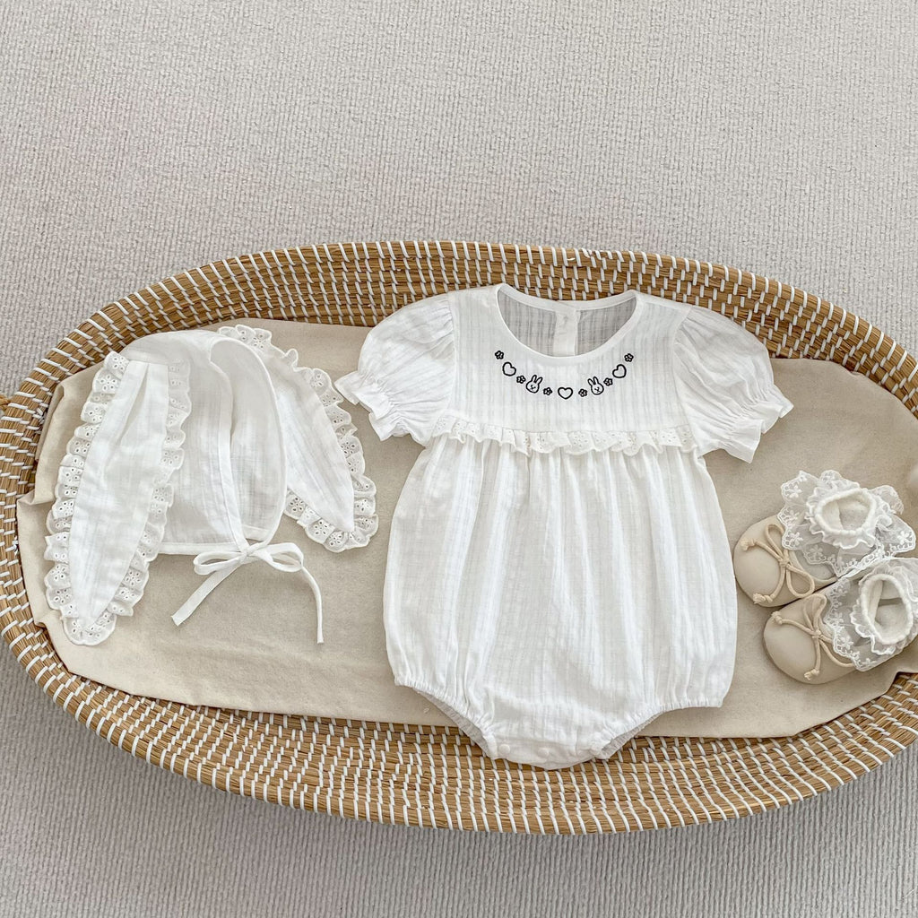 Baby Summer Thin Short Sleeve Triangular Romper for Girls with Cute Rabbit Embroidery
