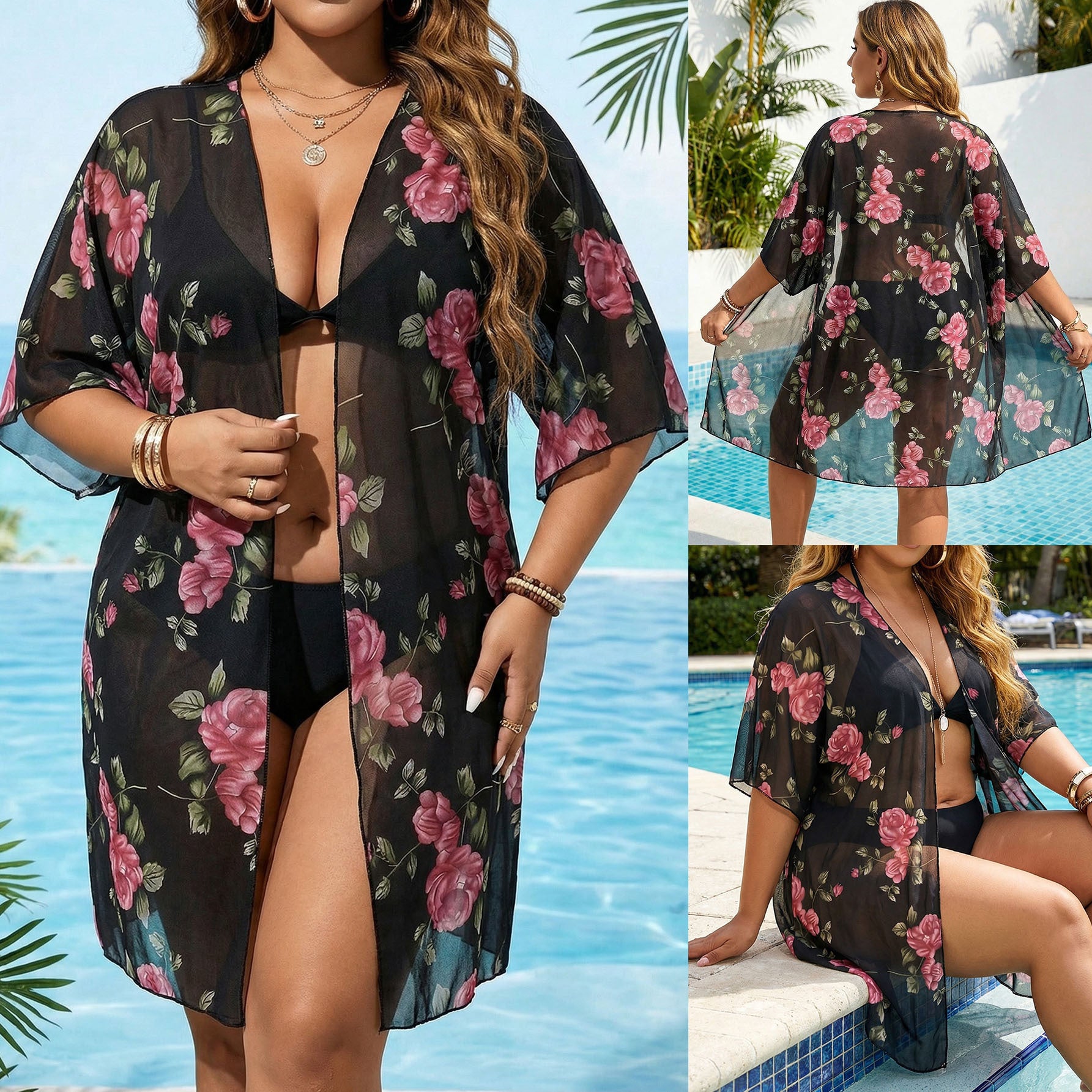 Plus Size Beach Vacation Kimono with Floral Print, Mesh Fabric,Loose Bikini Cover-Up