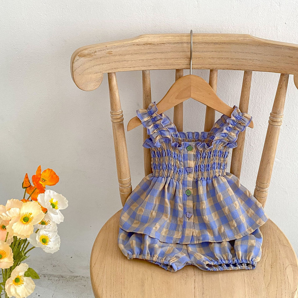 Charming Summer Girls' Plaid Outfit Set - Sleeveless Babydoll Top + Bloomer Shorts Two-Piece Set