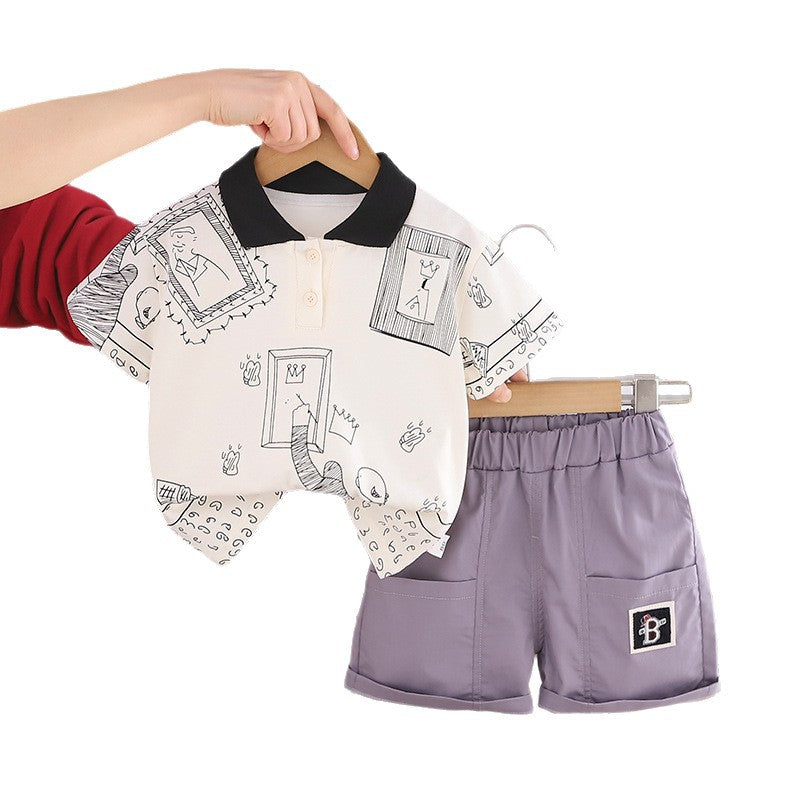 Collar graffiti short sleeved shirt shorts set