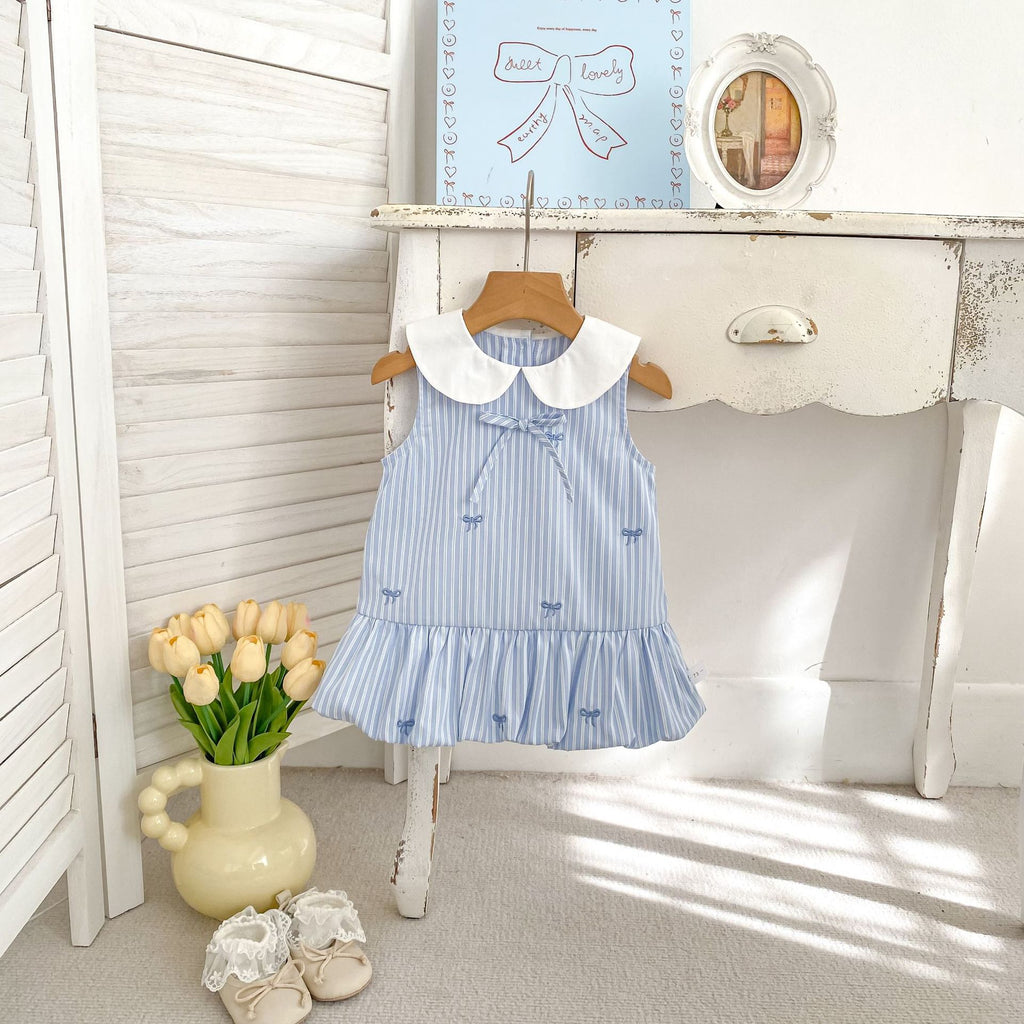 Cute Striped Sleeveless Dress with Bow Embroidery and Bloom Style for Girls, School Style Casual Dress