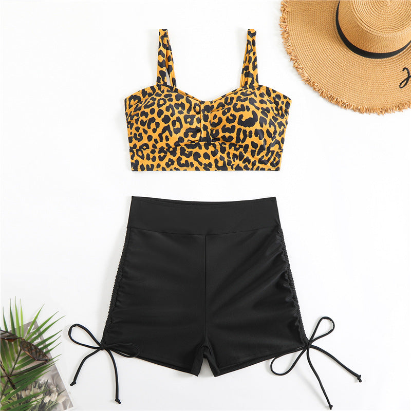 Leopard stripe drawstring high waist flat angle bikini