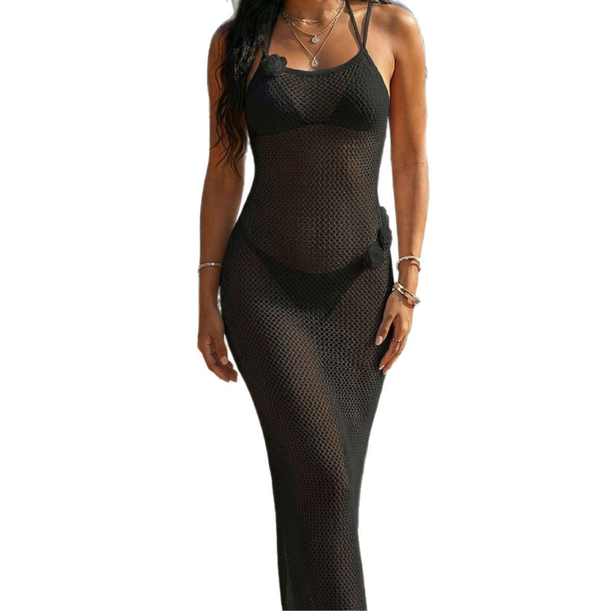 Sexy Cut-Out Tie-Back Backless 3D Flower Sleeveless Cover-Up Long Dress