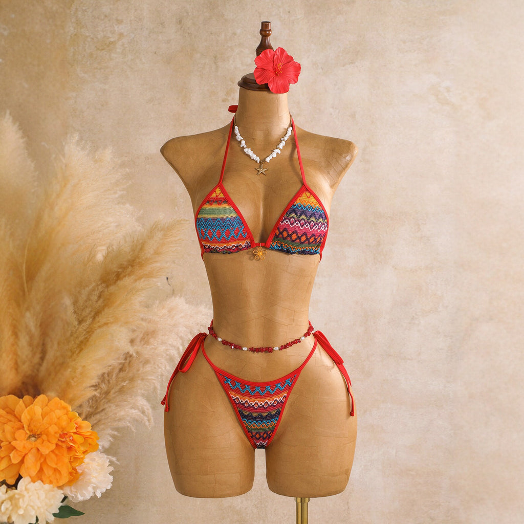 Knitted three piece swimsuit women's neck hanging bikini beach vacation sexy swimsuit