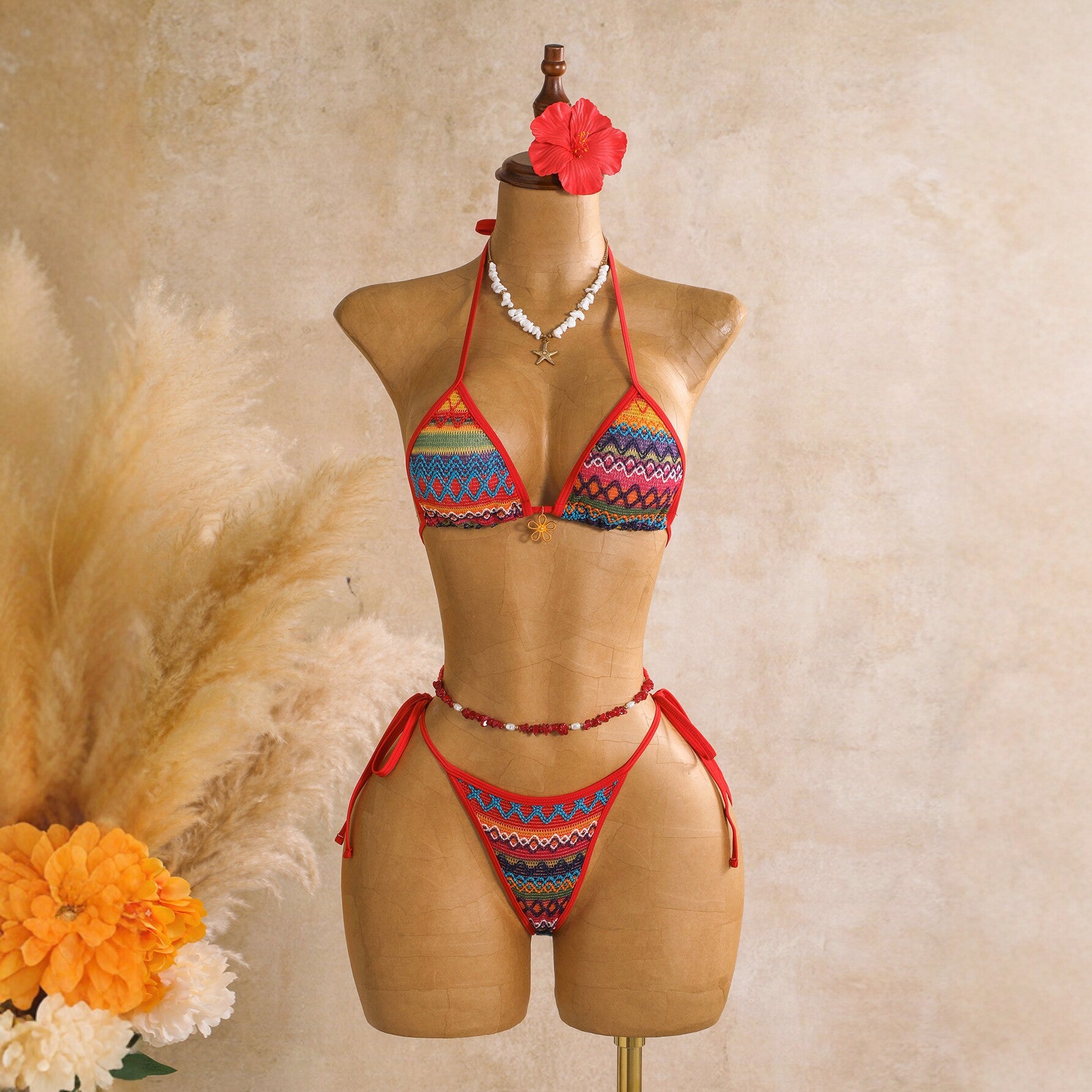 Knitted three piece swimsuit women's neck hanging bikini beach vacation sexy swimsuit