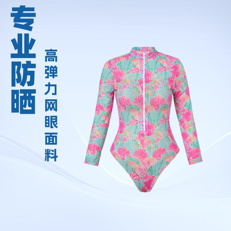 Solid Color  Long Sleeve Zipper One-Piece Swimwear