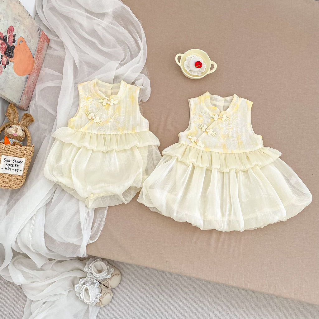Cute Girl Summer Dress for Baby Girl,Embroidered Knot Lace Bloom Dress, Sister Matching Outfit