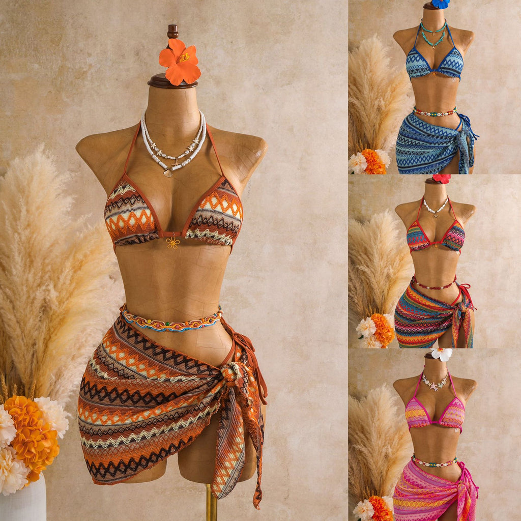 Knitted three piece swimsuit women's neck hanging bikini beach vacation sexy swimsuit