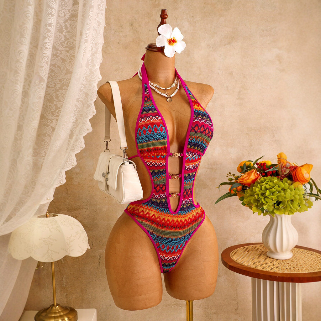 Colorful knitted one-piece swimsuit women's hollow strap bikini swimsuit